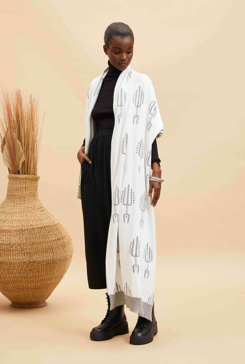 Châle chaud et doux en coton gris et blanc